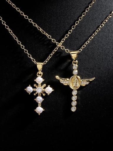 Brass Imitation Pearl Cross Vintage Necklace