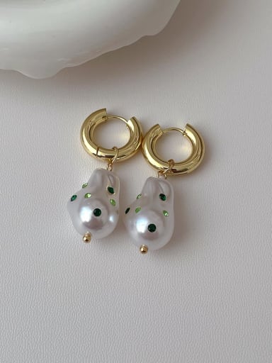 Green diamond Baroque pearl earrings Brass Freshwater Pearl Water Drop Minimalist Huggie Earring