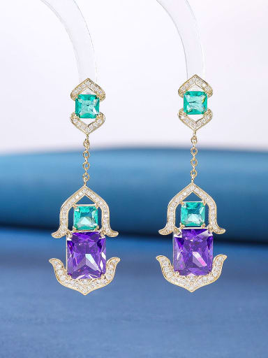 purple Brass Cubic Zirconia Multi Color Geometric Luxury Cluster Earring