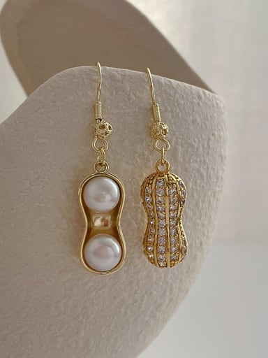 White Pearl Asymmetric Peanut Earrings Brass Cubic Zirconia Geometric Cute Hook Earring