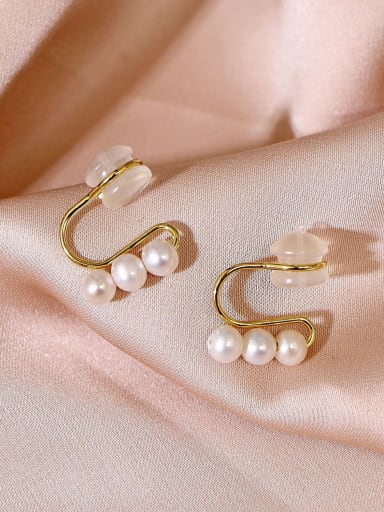 14k Gold [silicone ear clip] Brass Freshwater Pearl Geometric Minimalist Clip Earring