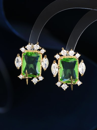 green Brass Cubic Zirconia Geometric Luxury Stud Earring