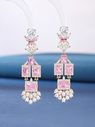 Pink Brass Cubic Zirconia Multi Color Geometric Luxury Cluster Earring