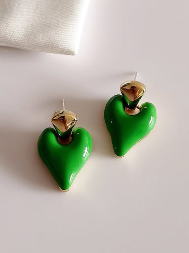 14k Gold Green [Earrings] Brass Enamel Heart Minimalist Stud Earring
