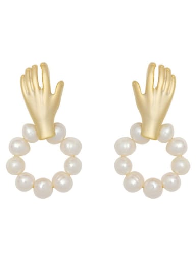 Copper Imitation Pearl  Ethnic Palm Abstract   Stud Trend Korean Fashion Earring