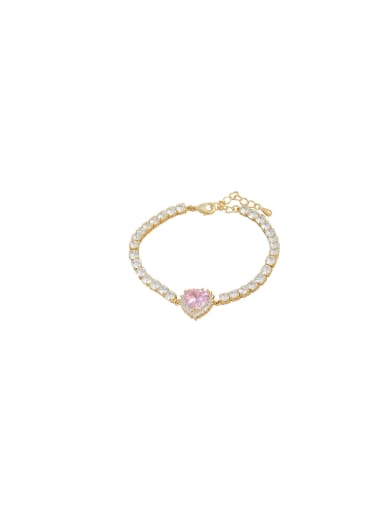 Brass Cubic Zirconia Pink Heart Dainty Bracelet