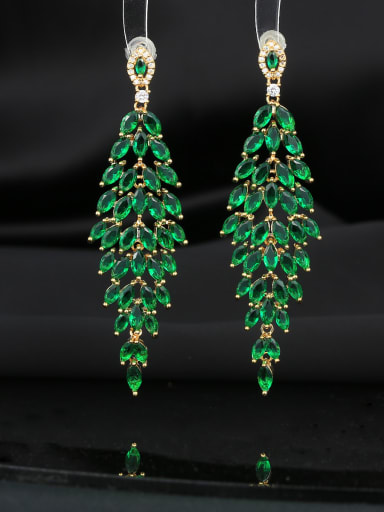green Brass Cubic Zirconia Leaf Luxury Cluster Earring