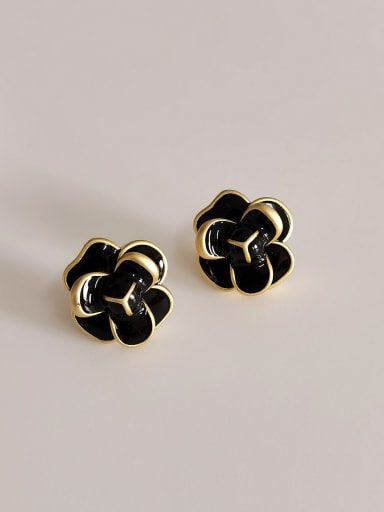 Dumb gold black [ear pin style] Brass Enamel Flower Trend Clip Earring