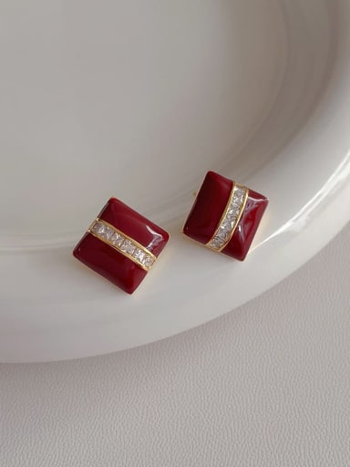 Square style red Brass Cubic Zirconia Enamel Geometric Minimalist Stud Earring