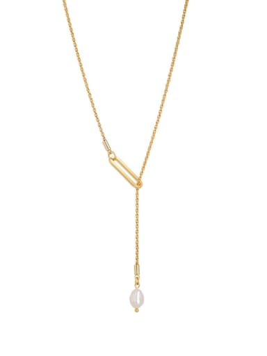 custom Brass Imitation Pearl Tassel Minimalist Lariat Necklace