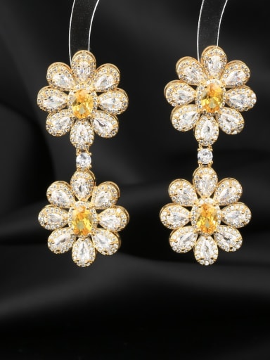 yellow Brass Cubic Zirconia Flower Luxury Cluster Earring