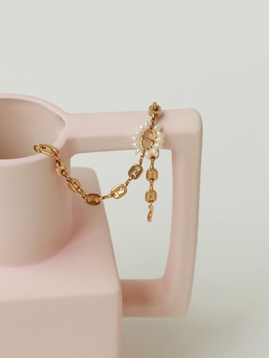 Brass Freshwater Pearl Geometric Minimalist Link Bracelet