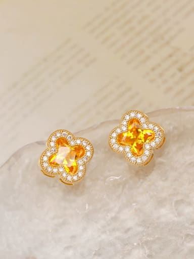 14K gold+yellow Brass Synthetic Crystal Clover Dainty Stud Earring