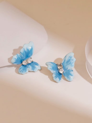 White K +Blue Light Brass Enamel Butterfly Cute Stud Earring