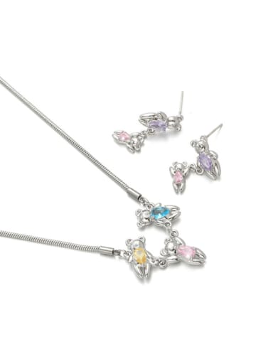 Brass Cubic Zirconia Cute Bear  Earring and Necklace Set