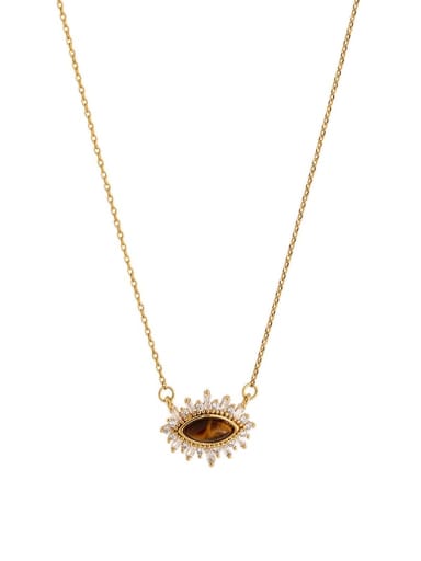 Tiger Eye Stone Necklace Brass Cubic Zirconia Evil Eye Vintage Necklace