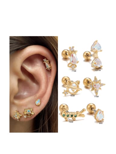 Colored AB Zircon Earrings Geometric Stainless Steel Thin Stem Pierced Ear Bone Nails ( Single-only one)