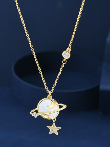 Gold XL60756 Brass Cubic Zirconia Planet Dainty Necklace