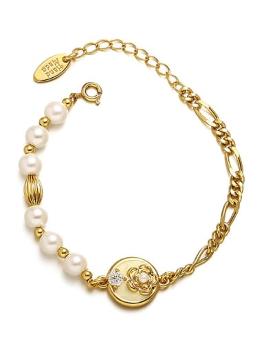 Brass Imitation Pearl Flower Hip Hop Asymmetrical Chain Beaded Bracelet