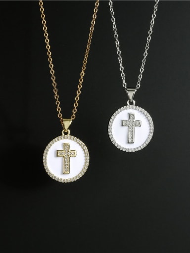 Brass Cubic Zirconia Round Minimalist Cross Pendant Necklace