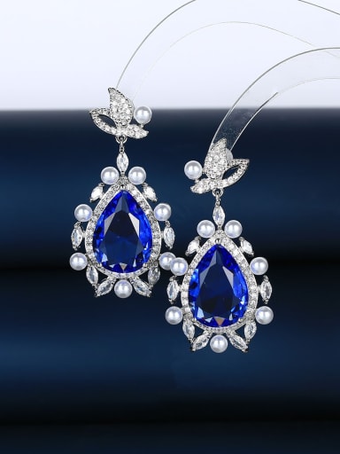 blue Brass Cubic Zirconia Flower Luxury Drop Earring