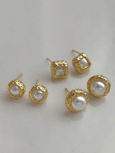 Brass Freshwater Pearl Geometric Minimalist Stud Earring