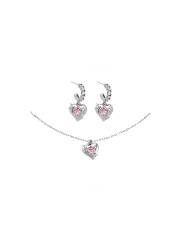 Titanium Steel Cubic Zirconia Dainty Heart Pink Earring and Necklace Set