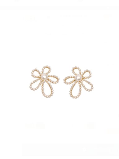 Brass Imitation Pearl Hollow Flower Dainty Stud Earring