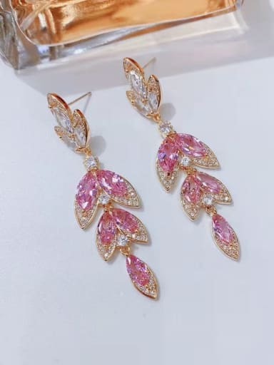 pink Brass Cubic Zirconia Leaf Luxury Cluster Earring