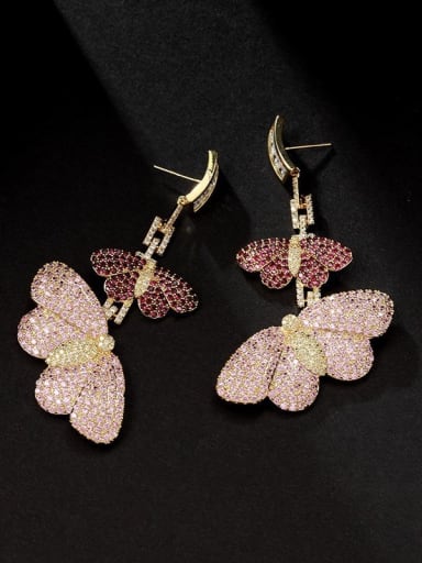 Gold Pink E1072 Brass Cubic Zirconia Butterfly Dainty Drop Earring