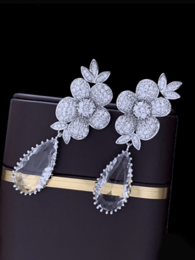 white Brass Cubic Zirconia Flower Luxury Drop Earring
