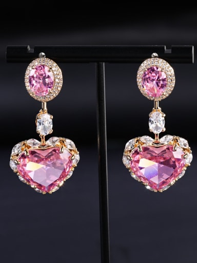 Pink Brass Cubic Zirconia Heart Luxury Drop Earring