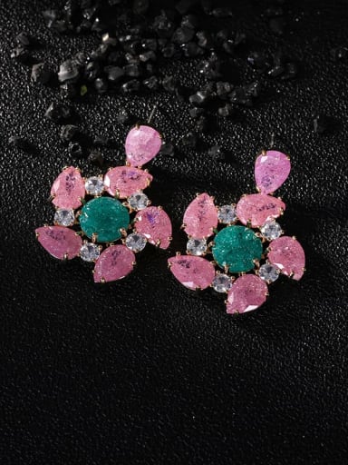 Pink Jade Brass Opal Flower Luxury Drop Earring