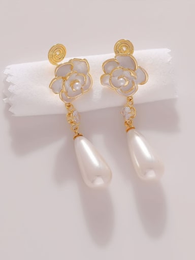 Brass Imitation Pearl Enamel Flower Minimalist Drop Earring