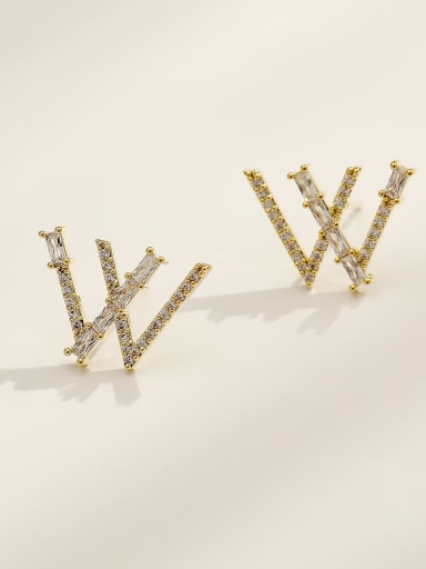 Brass Cubic Zirconia Letter W Vintage Stud Trend Korean Fashion Earring