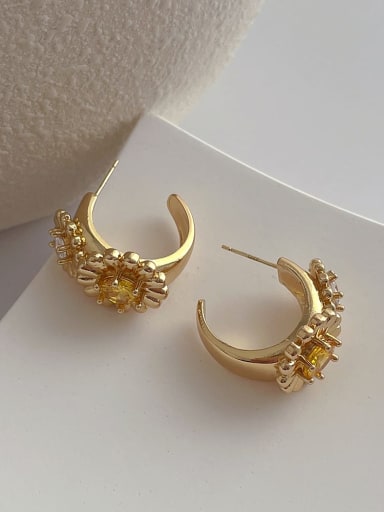 F307 Golden Flower C-shaped Earrings Brass Cubic Zirconia C Shape  Flower Hip Hop Stud Earring