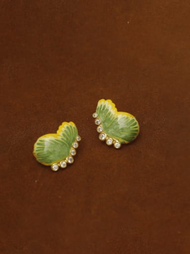 16k gole+green Brass Enamel Butterfly Cute Stud Earring