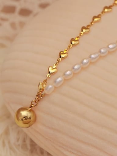 Brass Freshwater Pearl Heart Vintage Asymmetrical Chain Necklace