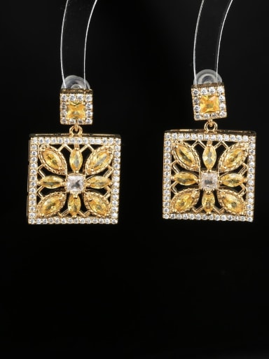 yellow Brass Cubic Zirconia Square Luxury Cluster Earring