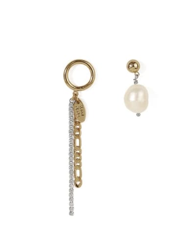 Brass Freshwater Pearl  Vintage  Fashion zircon chain asymmetric earrings Drop Earring