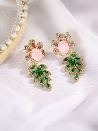 Pink Jade Brass Cubic Zirconia Flower Luxury Drop Earring