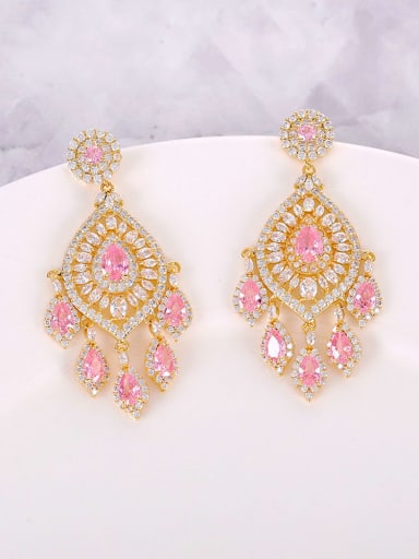 Pink Brass Cubic Zirconia Geometric Tassel  Luxury Cluster Earring