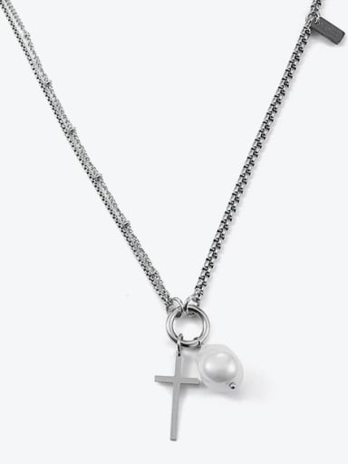 Titanium Steel Freshwater Pearl Cross Vintage Hollow Chain Necklace