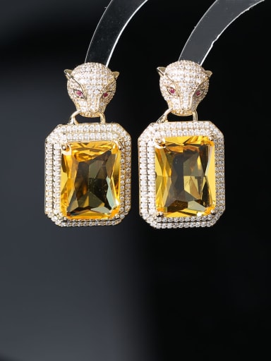 yellow Brass Cubic Zirconia Geometric  Luxury Leopard Head Cluster Earring