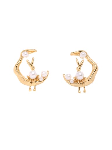 Brass Imitation Pearl Moon Minimalist Stud Earring