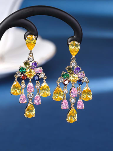 Color Brass Cubic Zirconia Flower Luxury Drop Earring