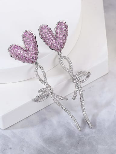 Brass Cubic Zirconia Pink Heart Luxury Drop Earring