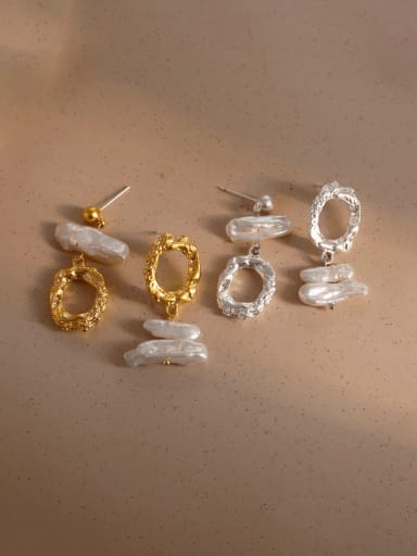 Brass Freshwater Pearl Asymmetrical  Geometric Vintage Drop Earring