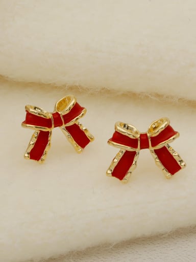 14K Gold +red Brass Enamel Bowknot Minimalist Stud Earring