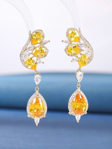 yellow Brass Cubic Zirconia Multi Color Flower Luxury Cluster Earring
